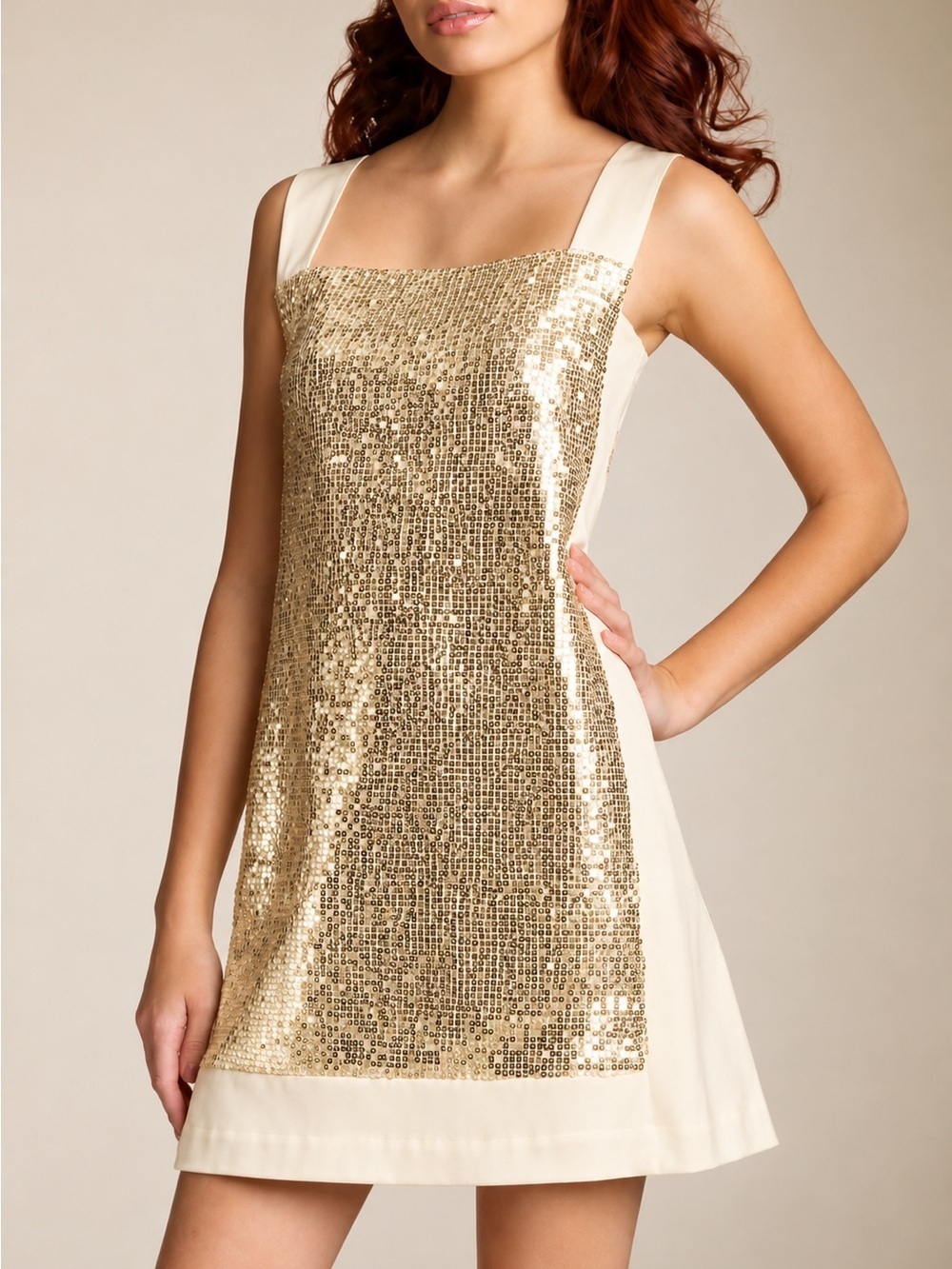 Nanette Lepore cream/gold sequin shift dress, size 2